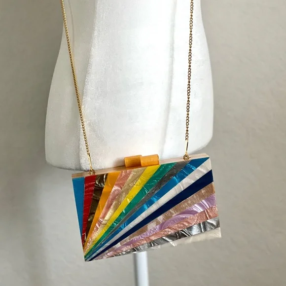 Wood Acrylic Inlay Box Purse Clutch Rainbow Sunburst Design Gold Chain Strap - Picture 3 of 7